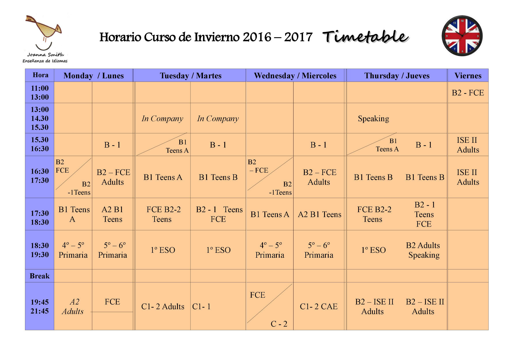 Horarios Y Clases | Joanna Smith Idiomas